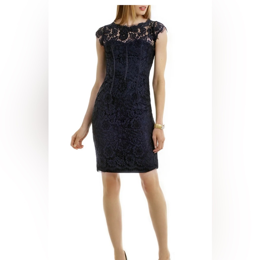 ML Monique Lhuillier Gravitate Towards You Navy Lace Open Back Sheath Dress 6
